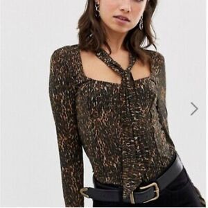 Free People Women’s Wild Thing Leopard Print Brown/Black Square Neck with Tie S